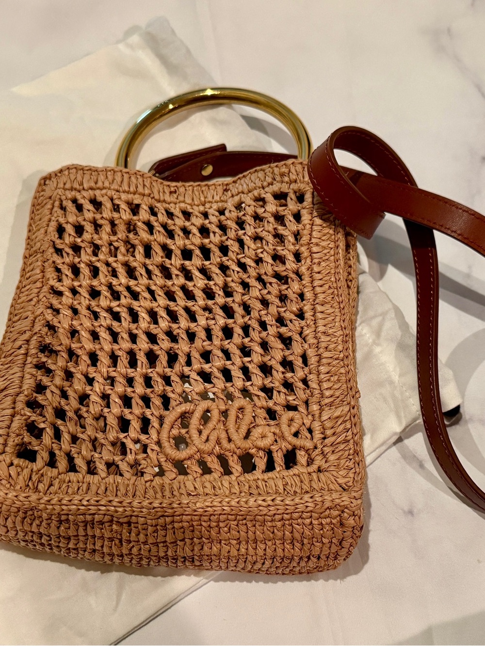 Chloe Raffia Mini Bannana Crossbody Bag in Tan with Gold Ring